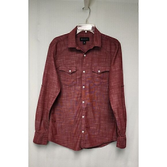 INC International Concepts Cotton Shirt Men's Medium Roll Tab Sleeves Red - Picture 2 of 8